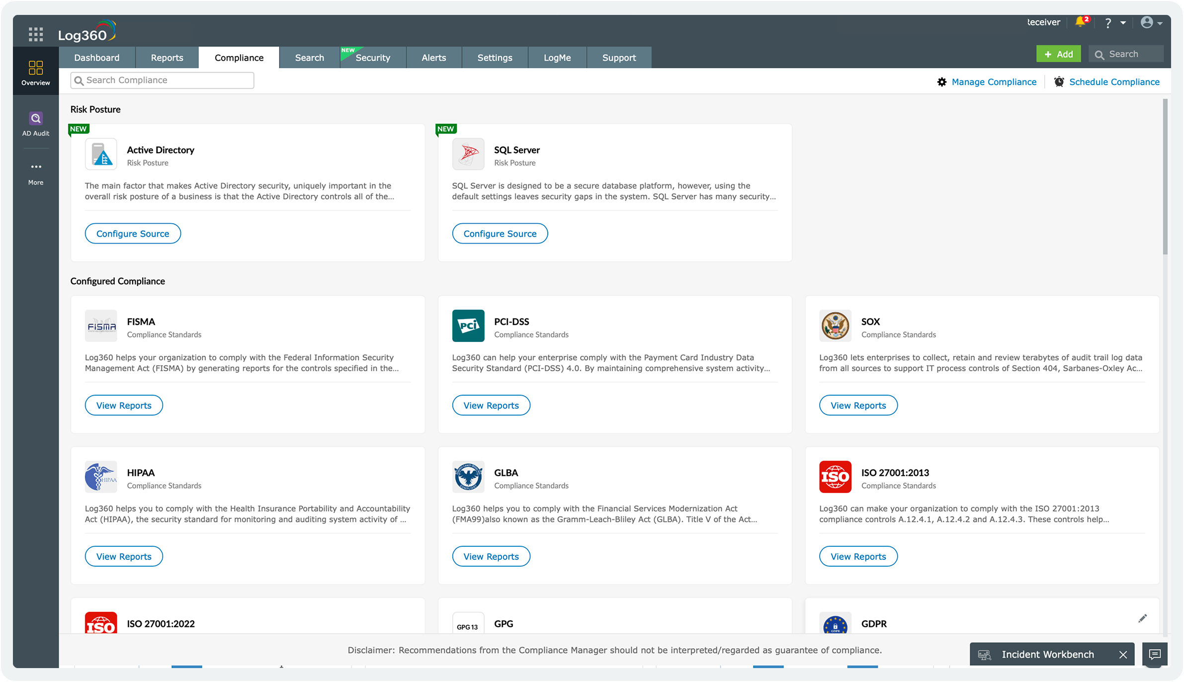 Log360 Compliance Manager Dashboard