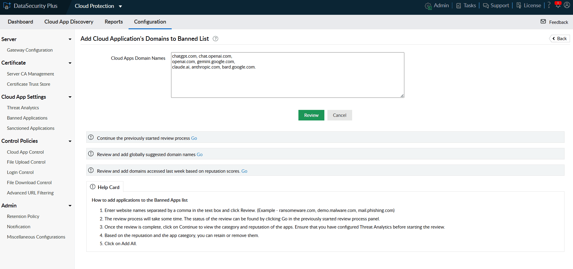 Cloud Protection configuration screen for adding ChatGPT, OpenAI, Gemini, Claude, Anthropic, Bard, and other GenAI domains to the banned applications list.