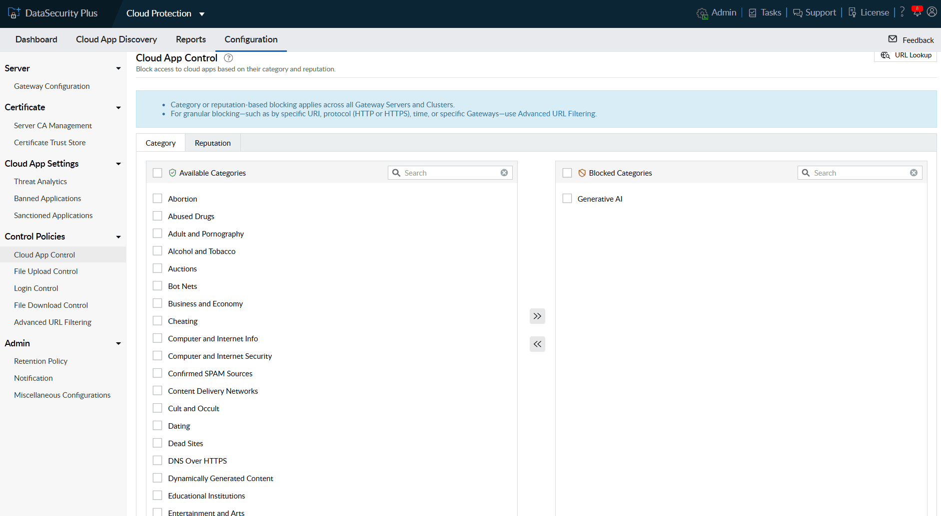 Cloud App Control policy screen showing the Generative AI category blocked in DataSecurity Plus Cloud Protection.