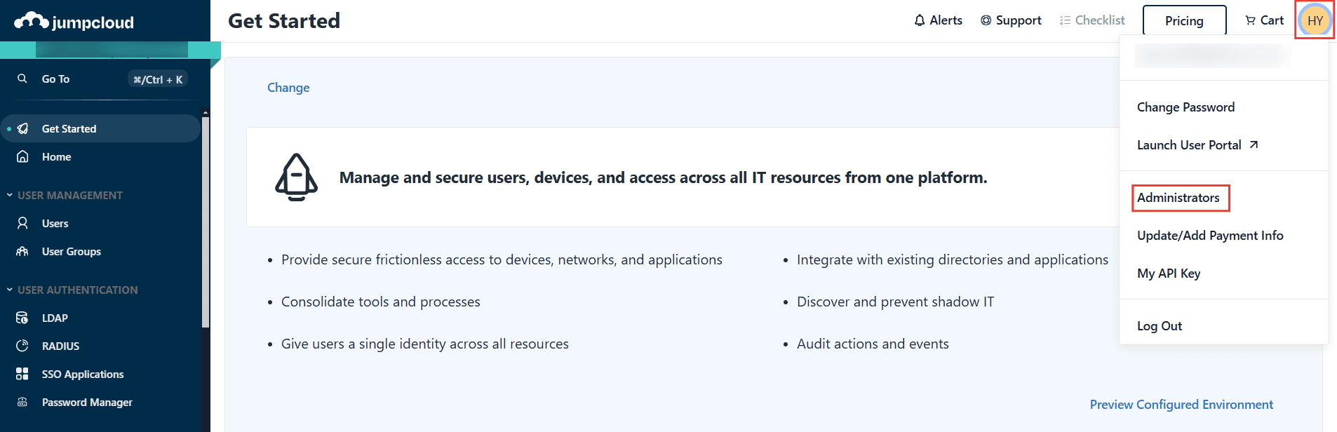 JumpCloud administrators settings
