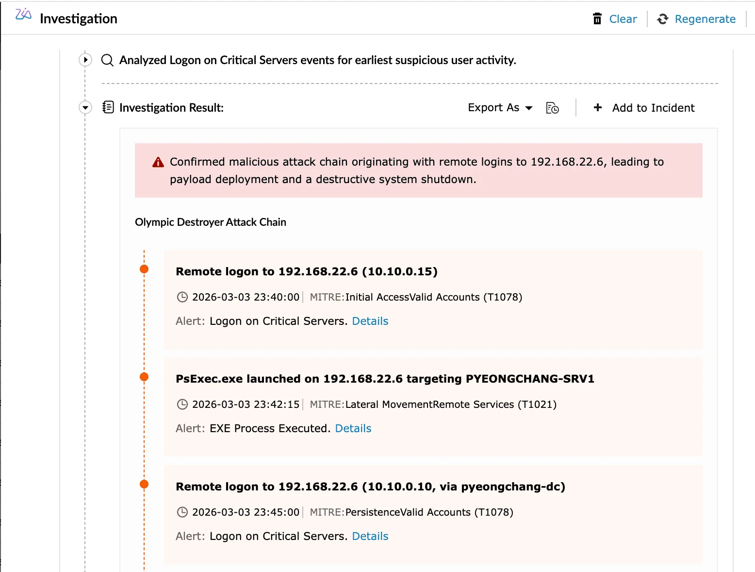 AI Alert Investigation agent with structured investigation trail showing correlated events, entities, findings, and attack timeline