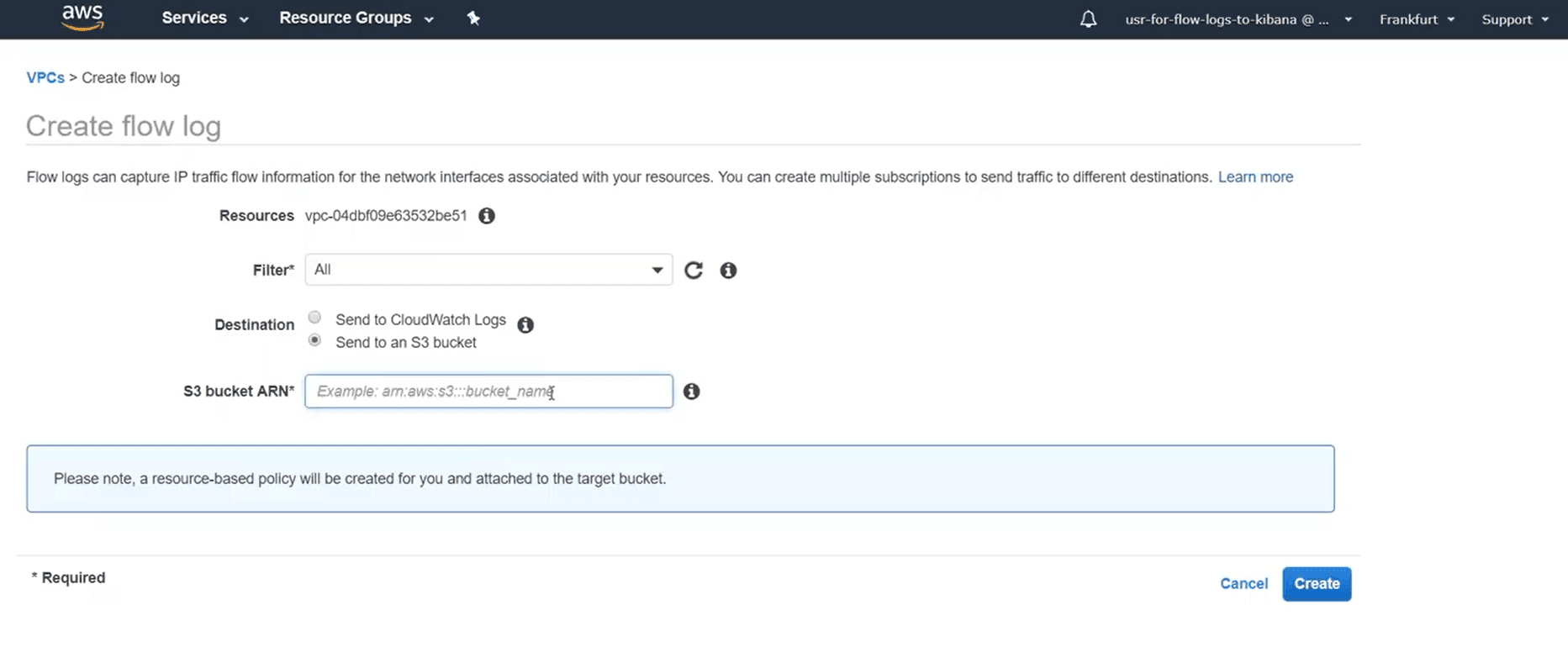A screenshot from AWS console explaining how to create log flow to publish logs into S3 bucket