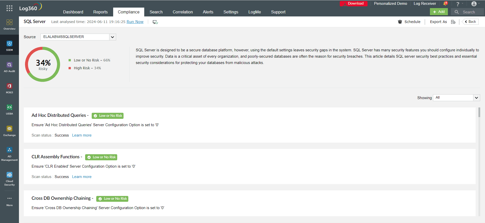 Preventing SQL injection by monitoring the security level of the SQL server using the security and risk posture monitoring feature  | ManageEngine Log360