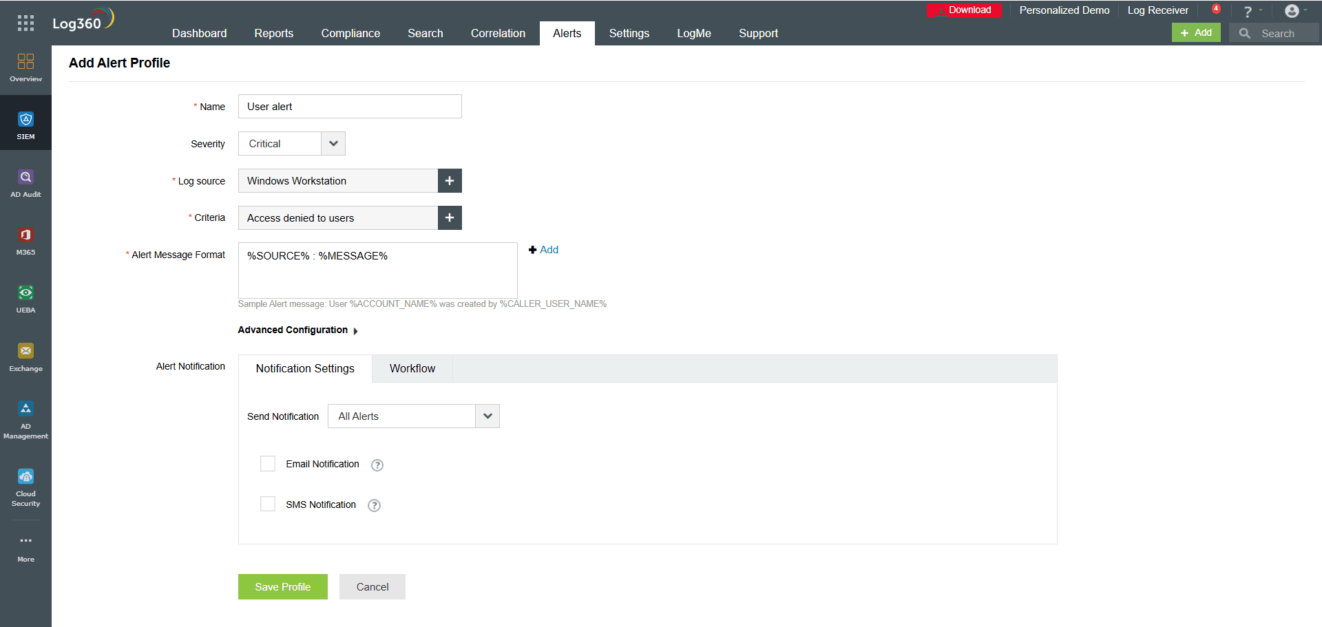 Setting up an alert in Log360.