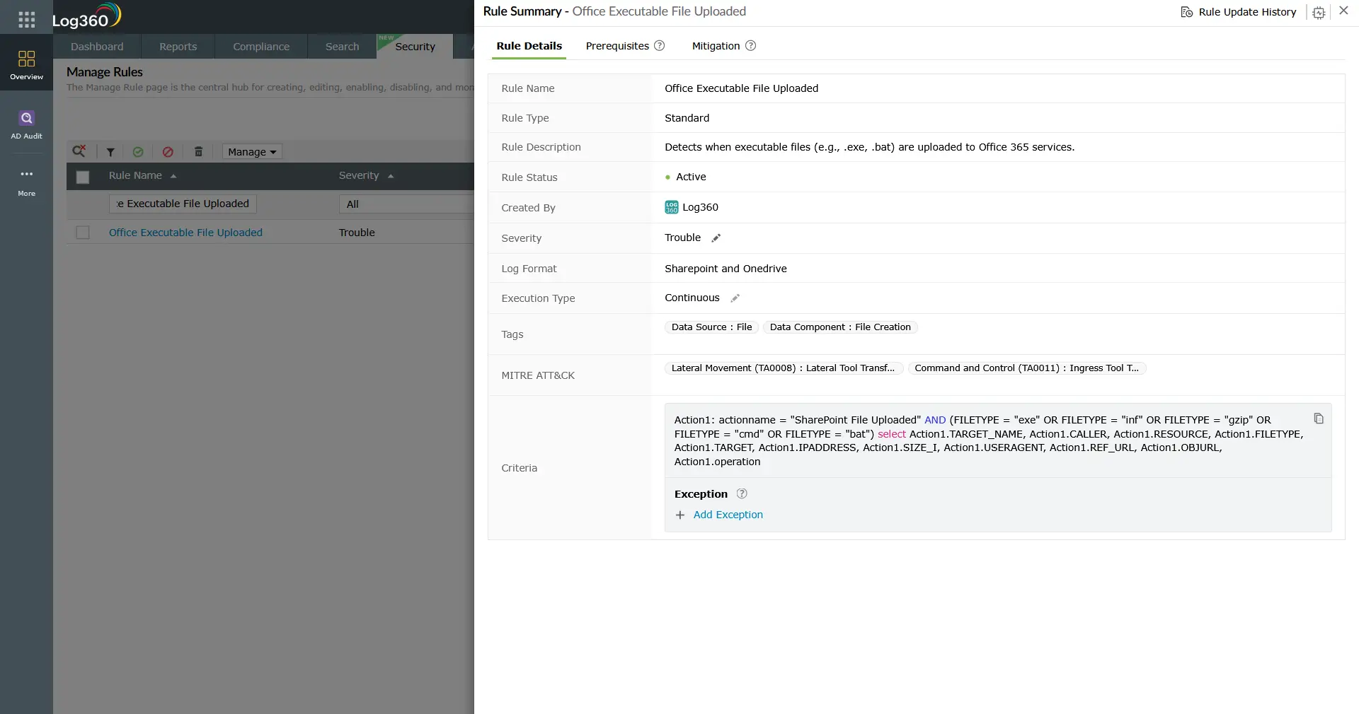 Log360 Rule Summary panel for the Office Executable File Uploaded detection rule, showing rule type Standard, severity Trouble, log format SharePoint and OneDrive, execution type Continuous, MITRE ATT&CK mapping to Lateral Movement (TA0008) Lateral Tool Transfer (T1570) and Command and Control (TA0011), and detection criteria that triggers on executable file extensions (.exe, .bat, .inf, .gzip, .cmd) uploaded via SharePoint File Uploaded events.