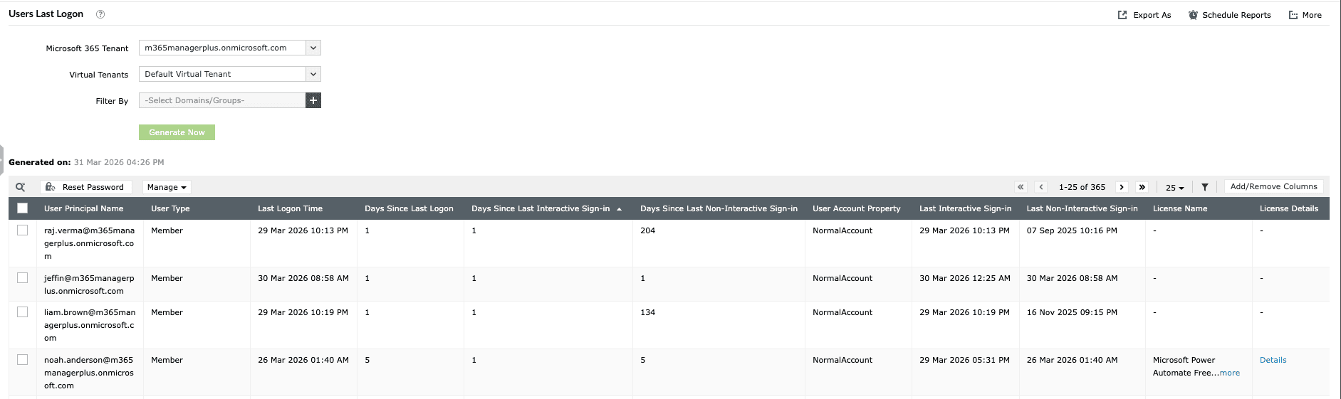 The M365 Manager Plus Users Last Logon report displaying UPNs, logon times, and interactive sign-in days with a highlighted Generate Now button.