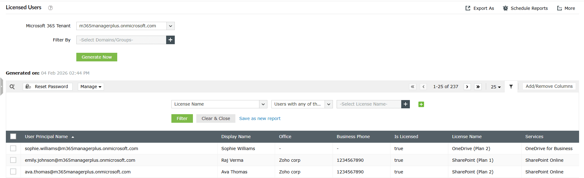 The M365 Manager Plus Licensed Users report filtered by license name to show users with SharePoint Online and OneDrive for Business plans.