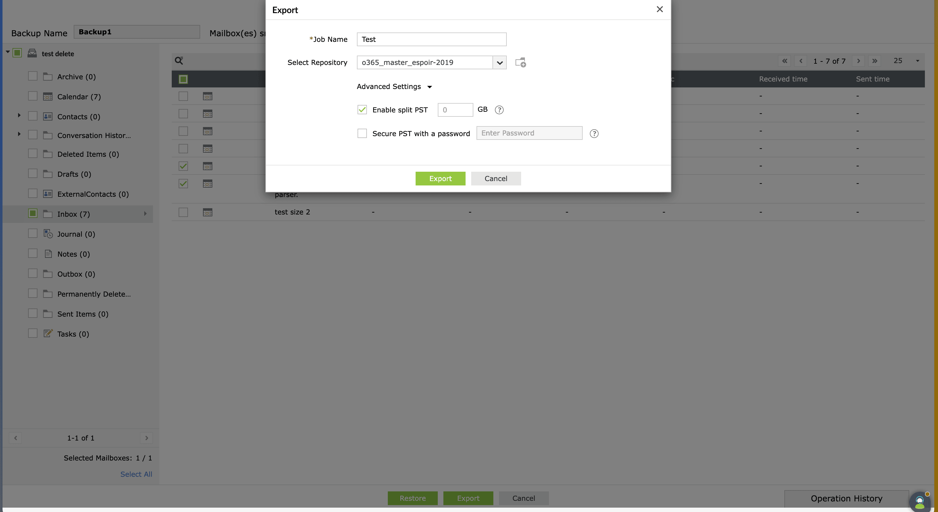 The tab displaying the option to export Exchange Online backups in M365 Manager Plus as PST files for use in migrations and audit compliance