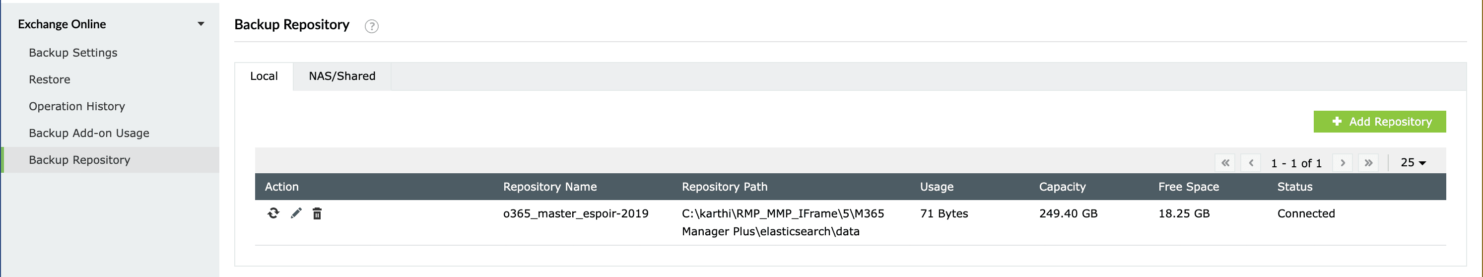 The Backup Repository tab displaying options to select the storage configuration for Exchange Online backups