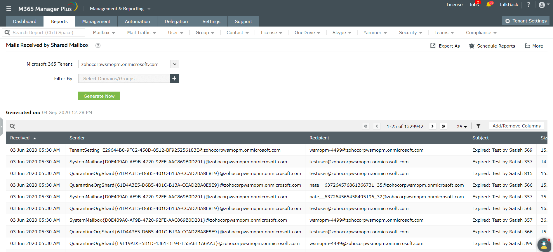 The M365 Manager Plus Mails Received by Shared Mailbox report captures incoming mail details like the sender address, subject, and size for all shared mailbox units.