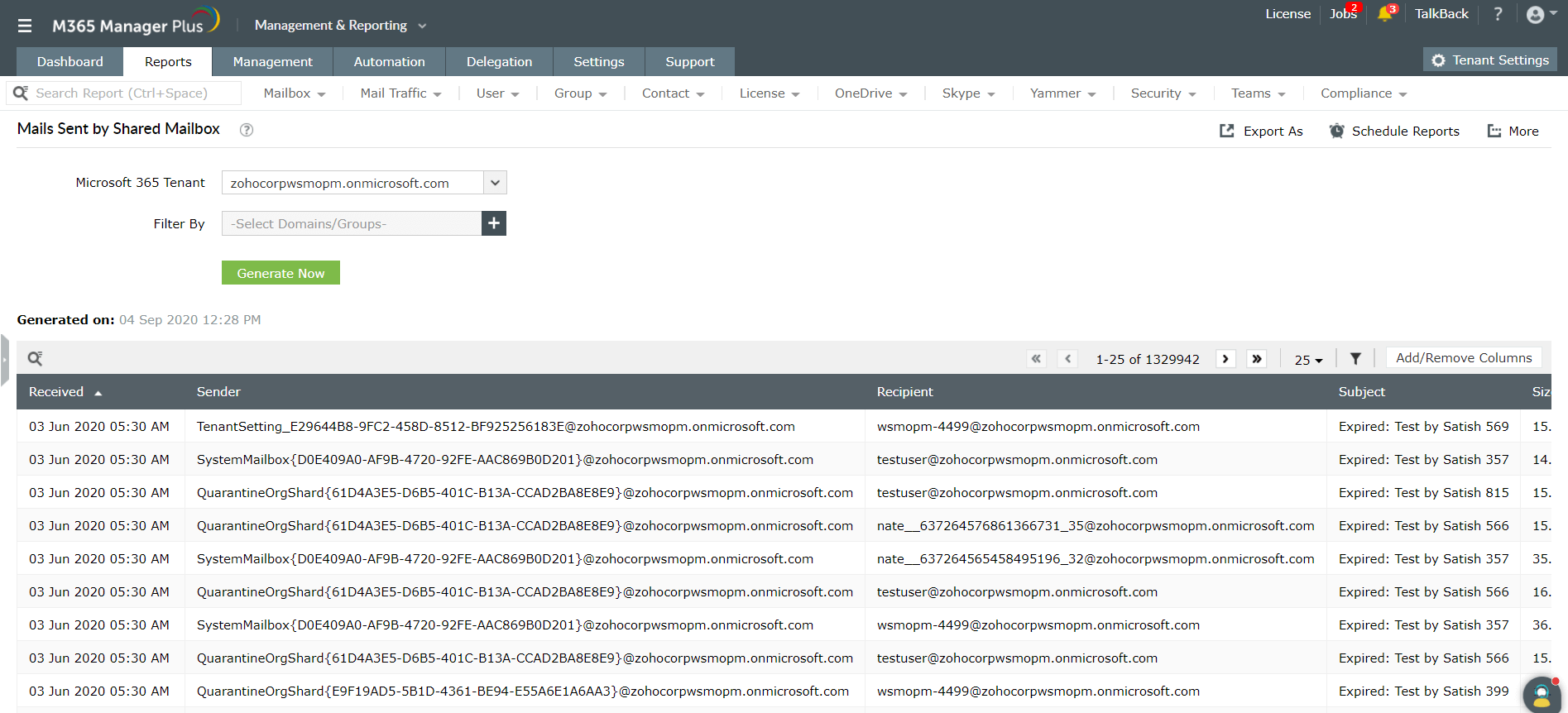 The M365 Manager Plus Mails Sent by Shared Mailbox report provides details on outgoing messages, including the sender, recipient, subject lines, and precise time of delivery.