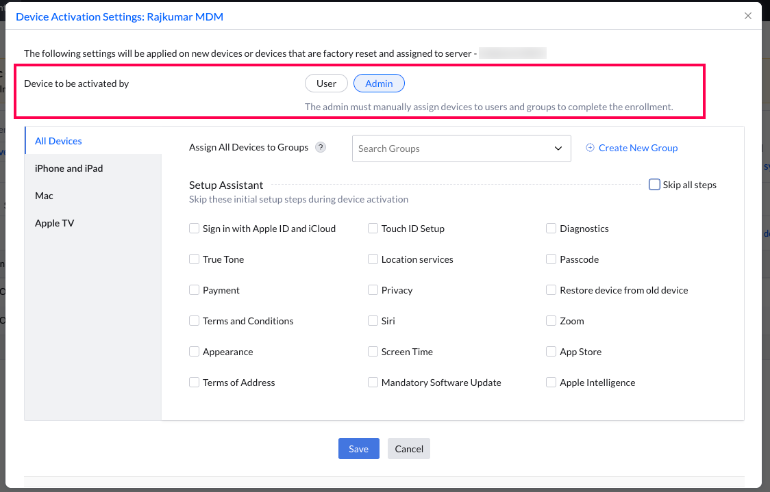 Device to be activated by Admin