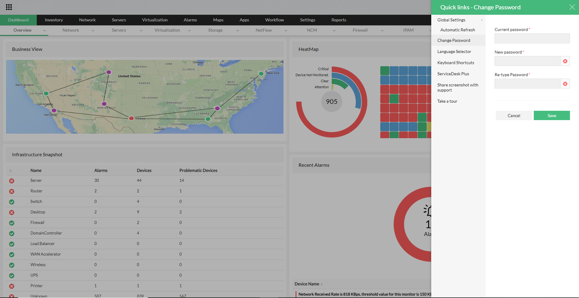 Changing password in OpManager: Quick links to change password