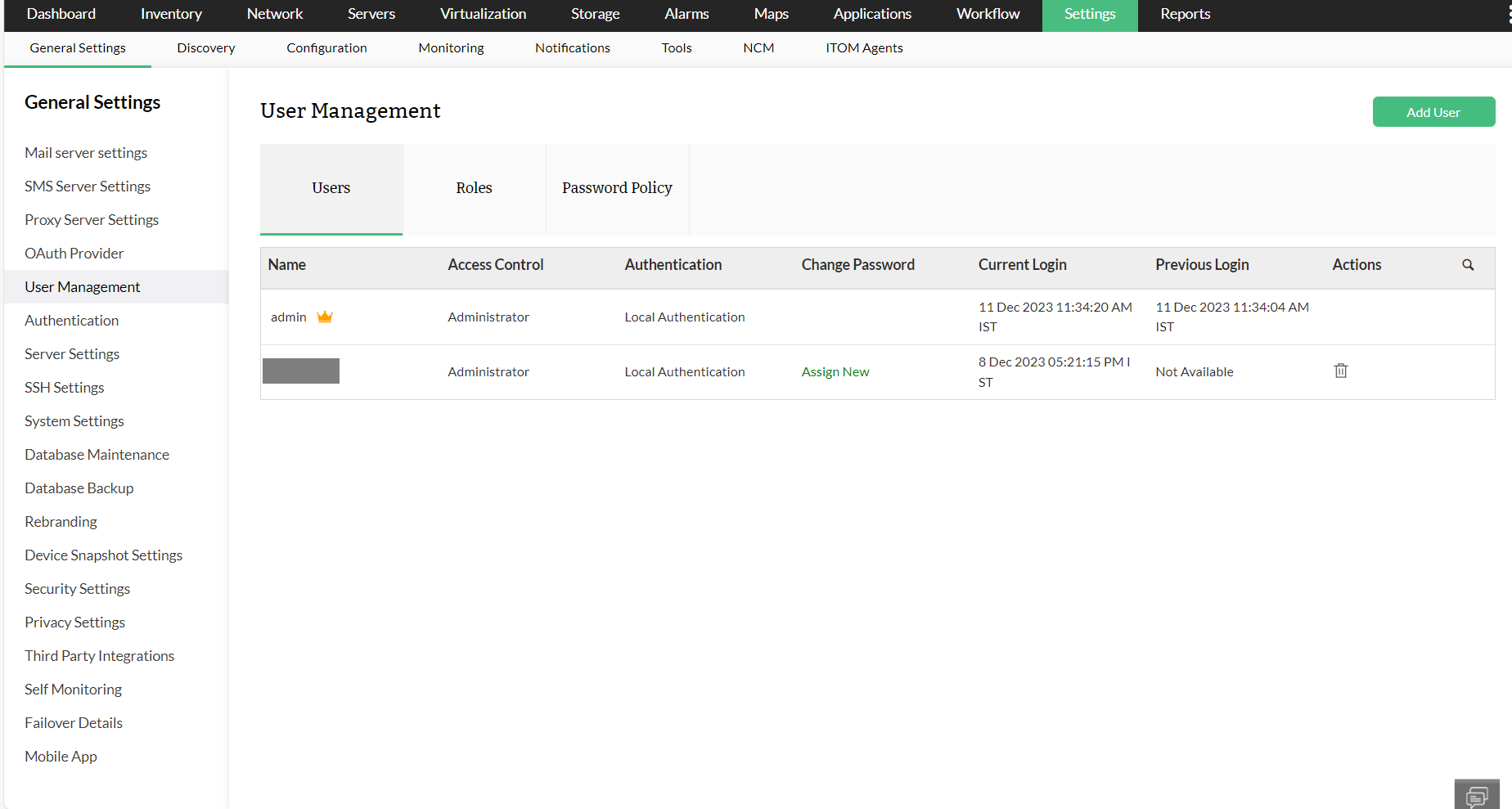 Changing password in OpManager: User management page