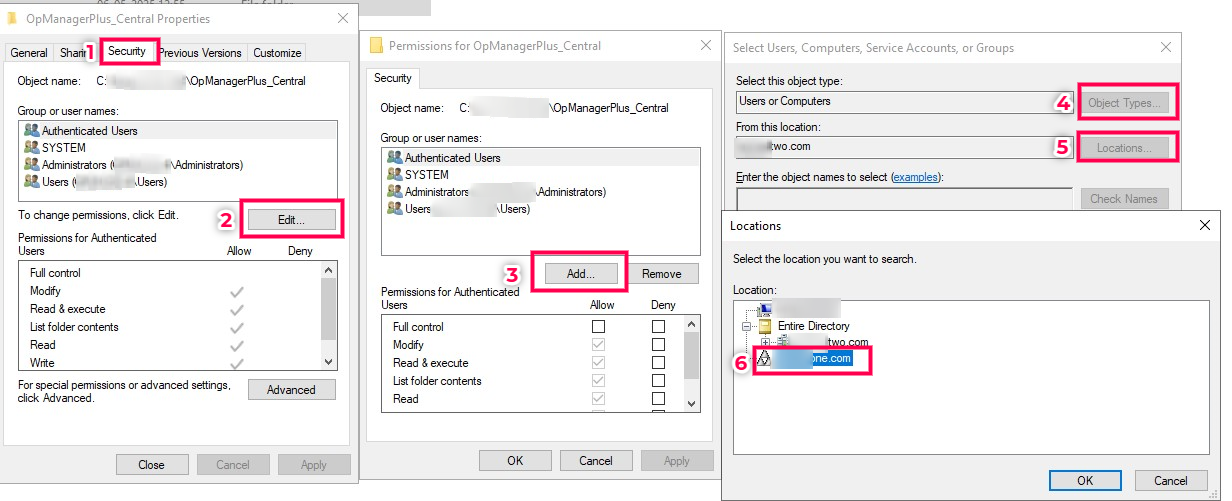 To share the primary and secondary folders with each other for failover configuration in OpManager: Different domain - Modify permissions under security tab
