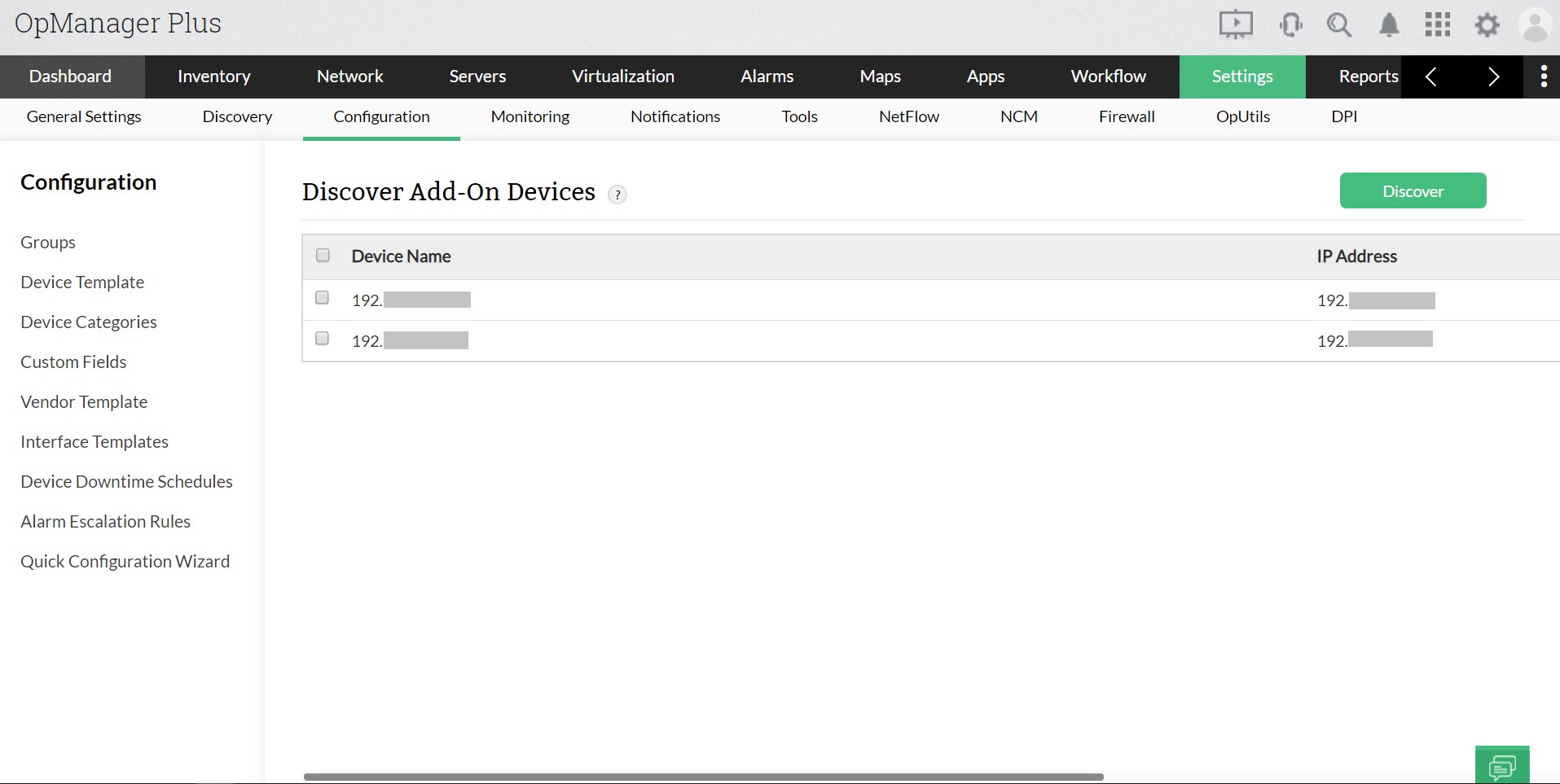 Discovery of add-on devices on OpManager: Discovery settings page to restrict device sync from add-on