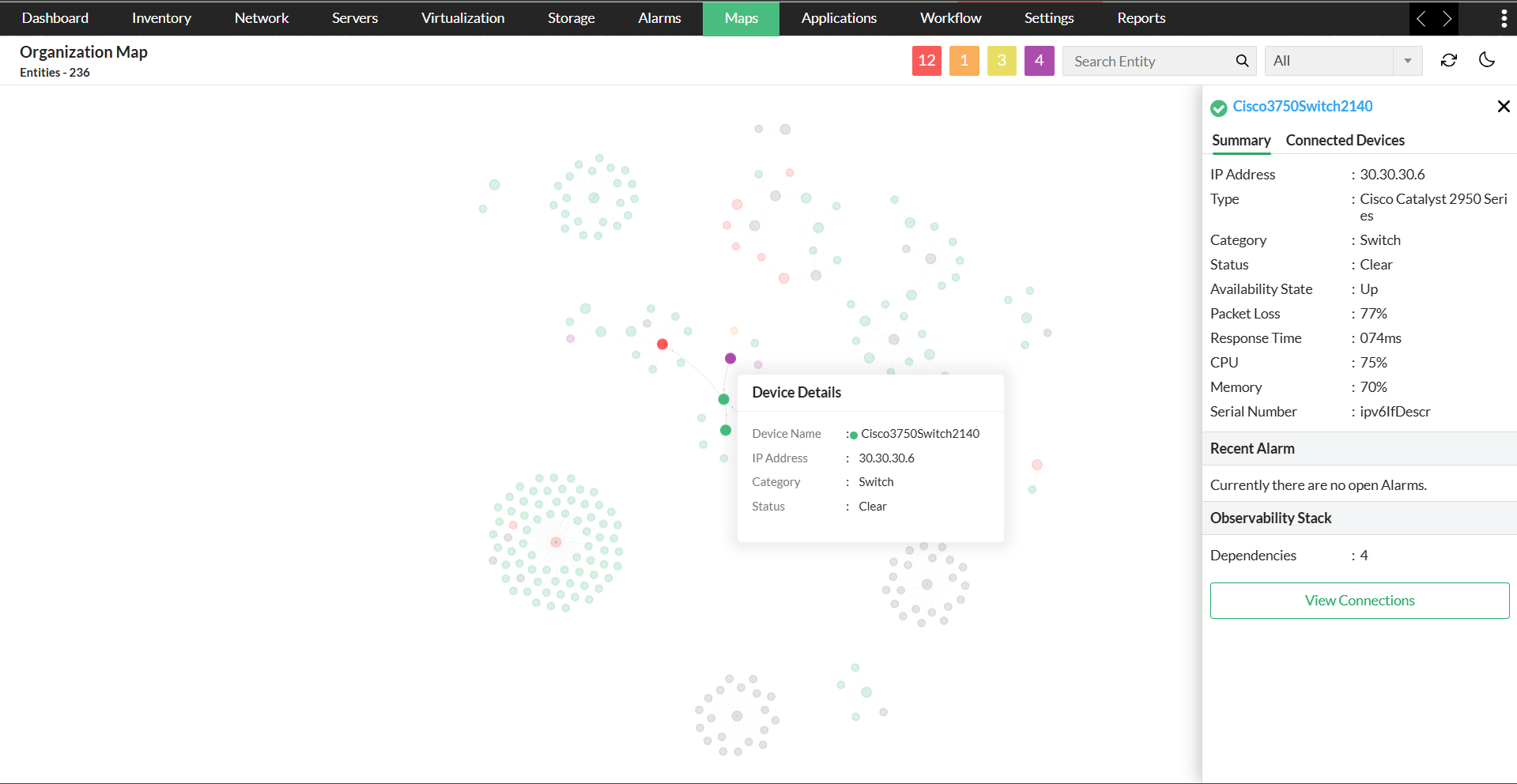 device summary, organization map-ManageEngine OpManager
