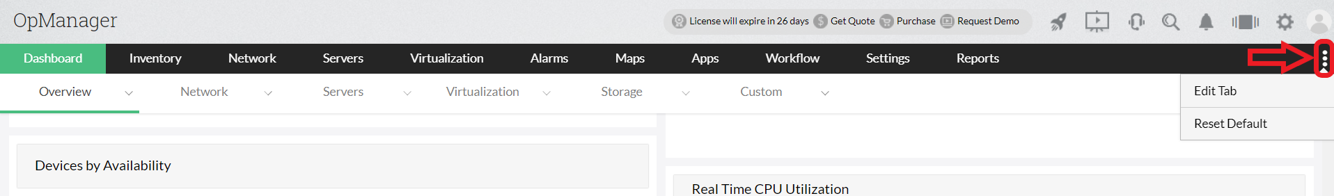 Menu tab customization in OpManager: Drag and drop menu / submenu tabs
