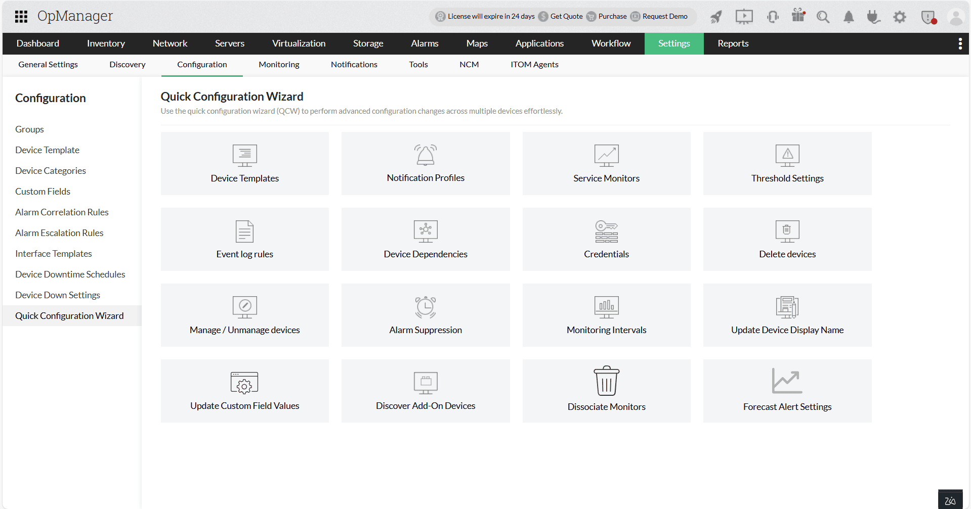 Quick Configuration Wizard in OpManager: QCW console