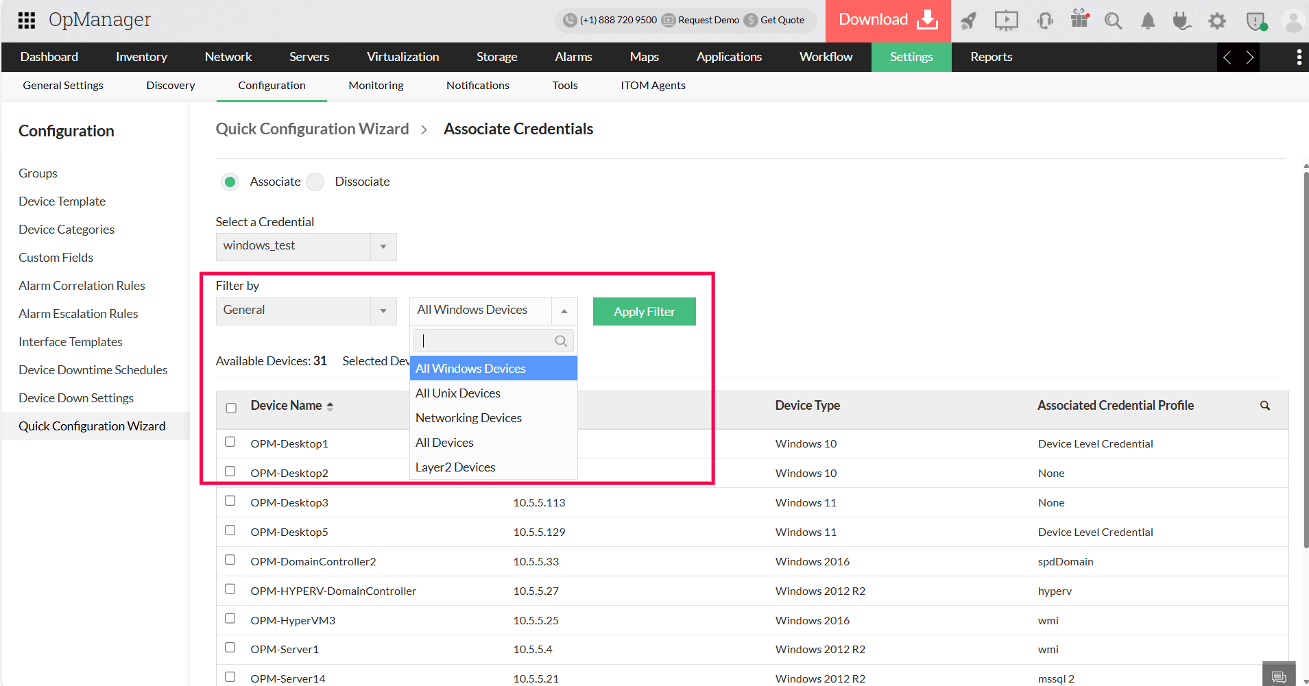 Quick Configuration Wizard in OpManager: List of credentials for devices to be associated with