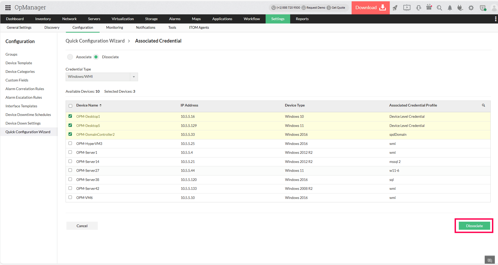 Quick Configuration Wizard in OpManager: Device selection for association
