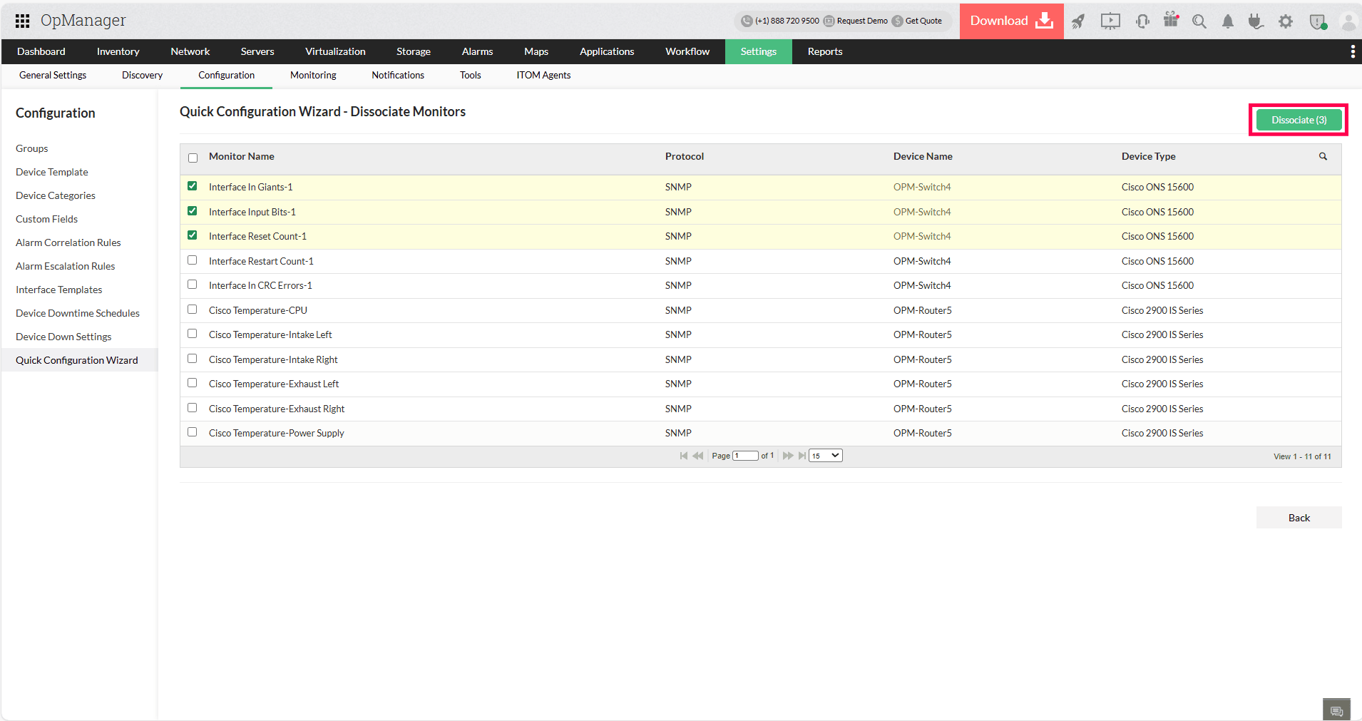 Quick Configuration Wizard in OpManager: Device selection for association