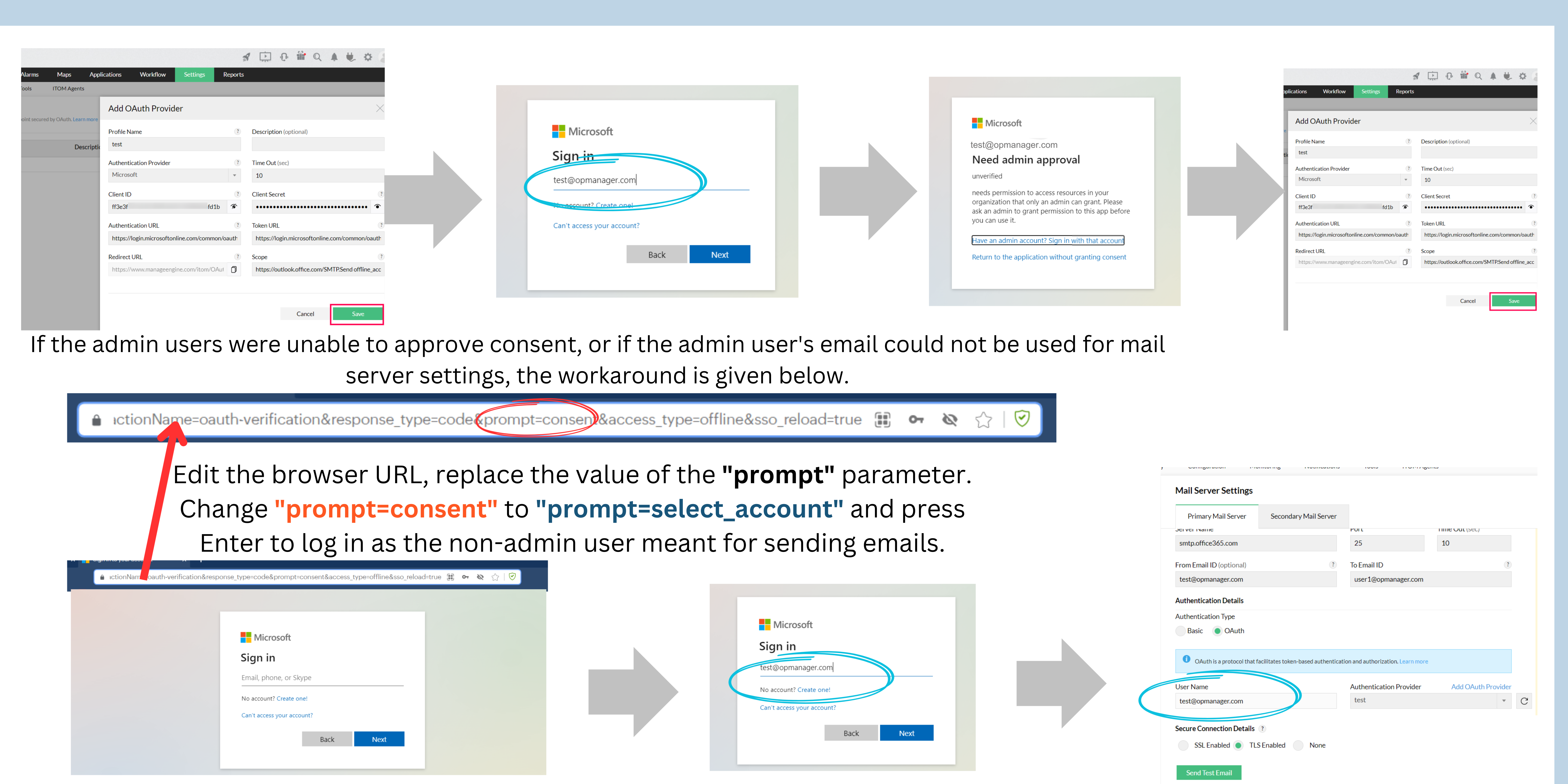 Troubleshoot authentication failure error, while configuring Microsoft OAuth in Mail Server settings: Mail server settings