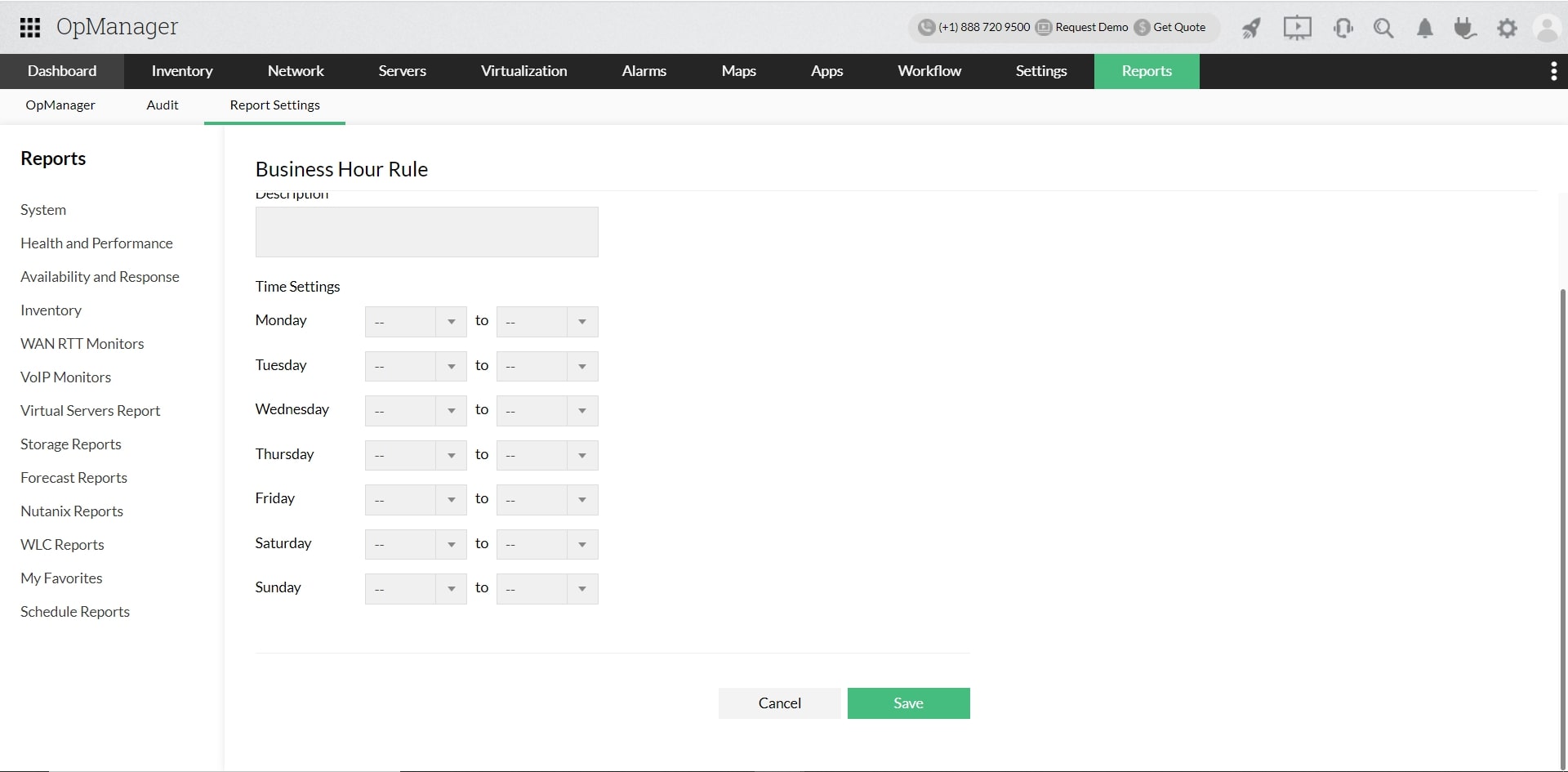 Reports in OpManager: Business hour rule configuration