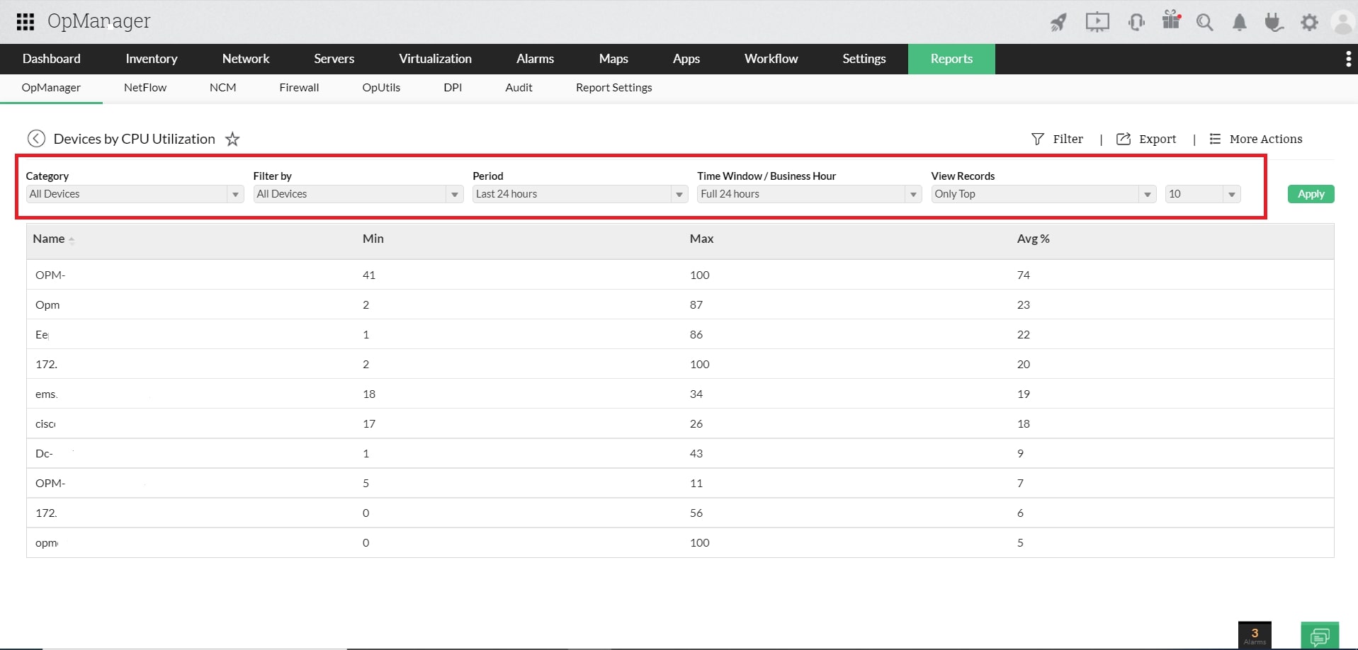 Reports in OpManager: Filter report