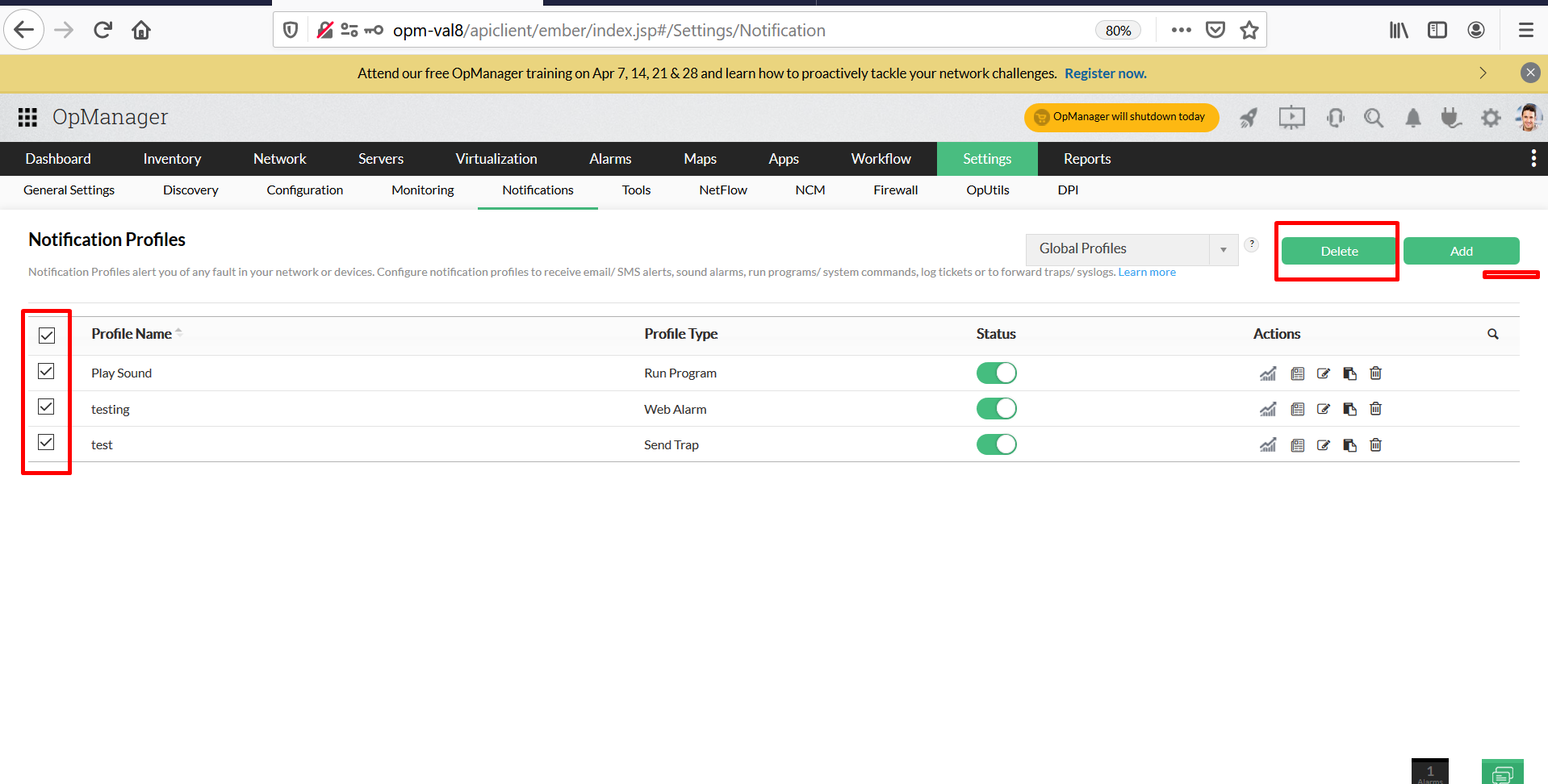 Modification and deletion of notification profiles in OpManager: Select