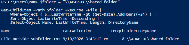 PowerShell output for tracking modified files in the last 24 hours