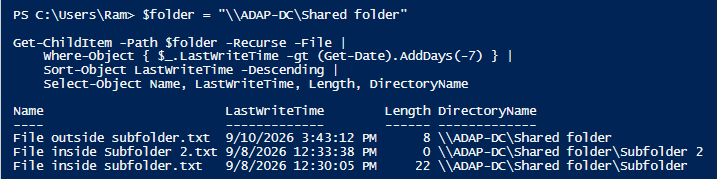 PowerShell output for tracking modified files in the last 7 days