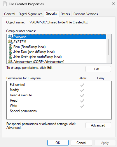 Advanced settings under Security tab