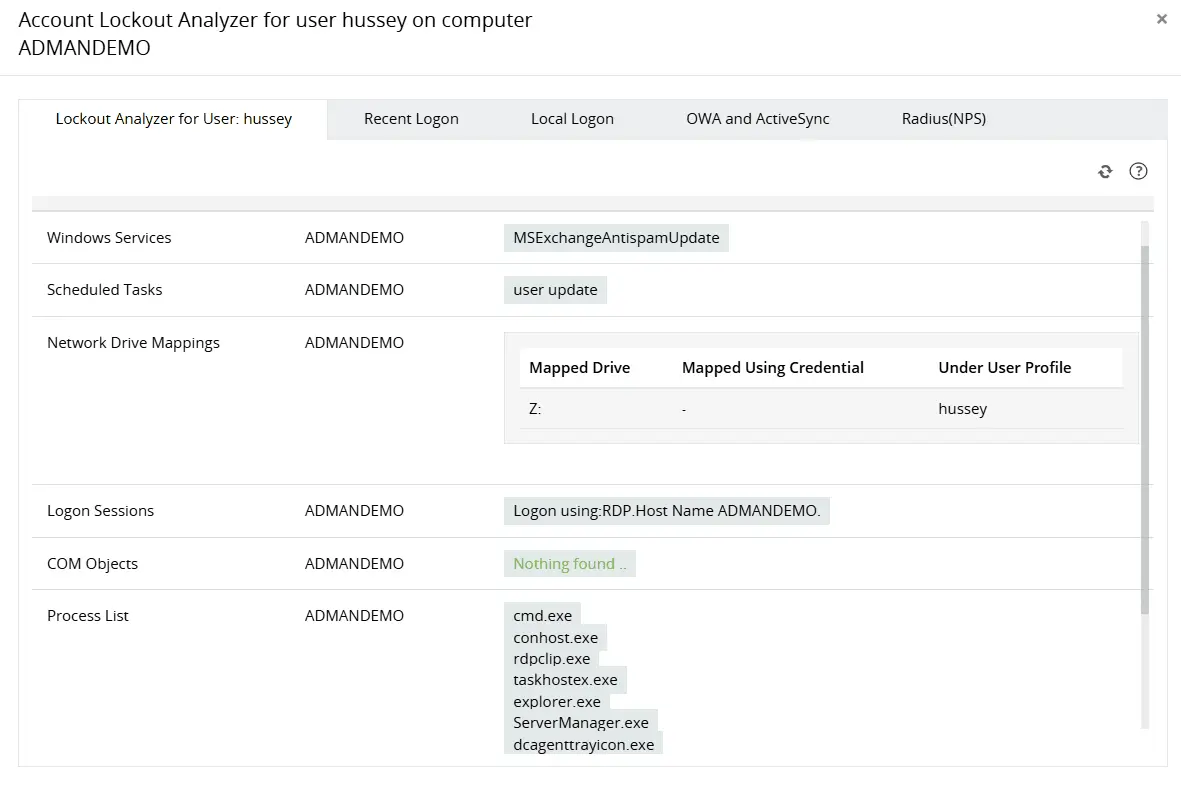 Account Lockout Analyzer showing source of lockout by analyzing multiple components, including network drive mappings, process lists, applications, and more