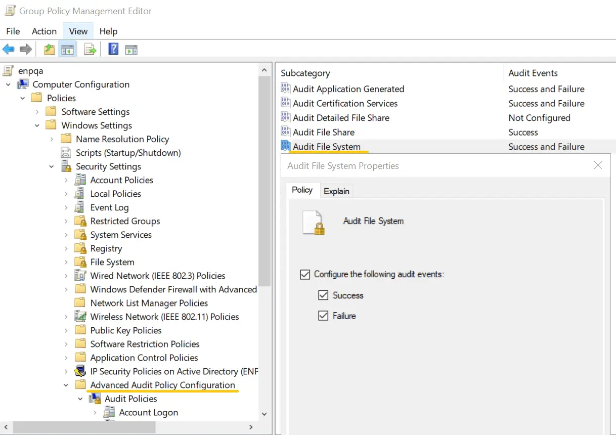 Audit file system advanced audit policy