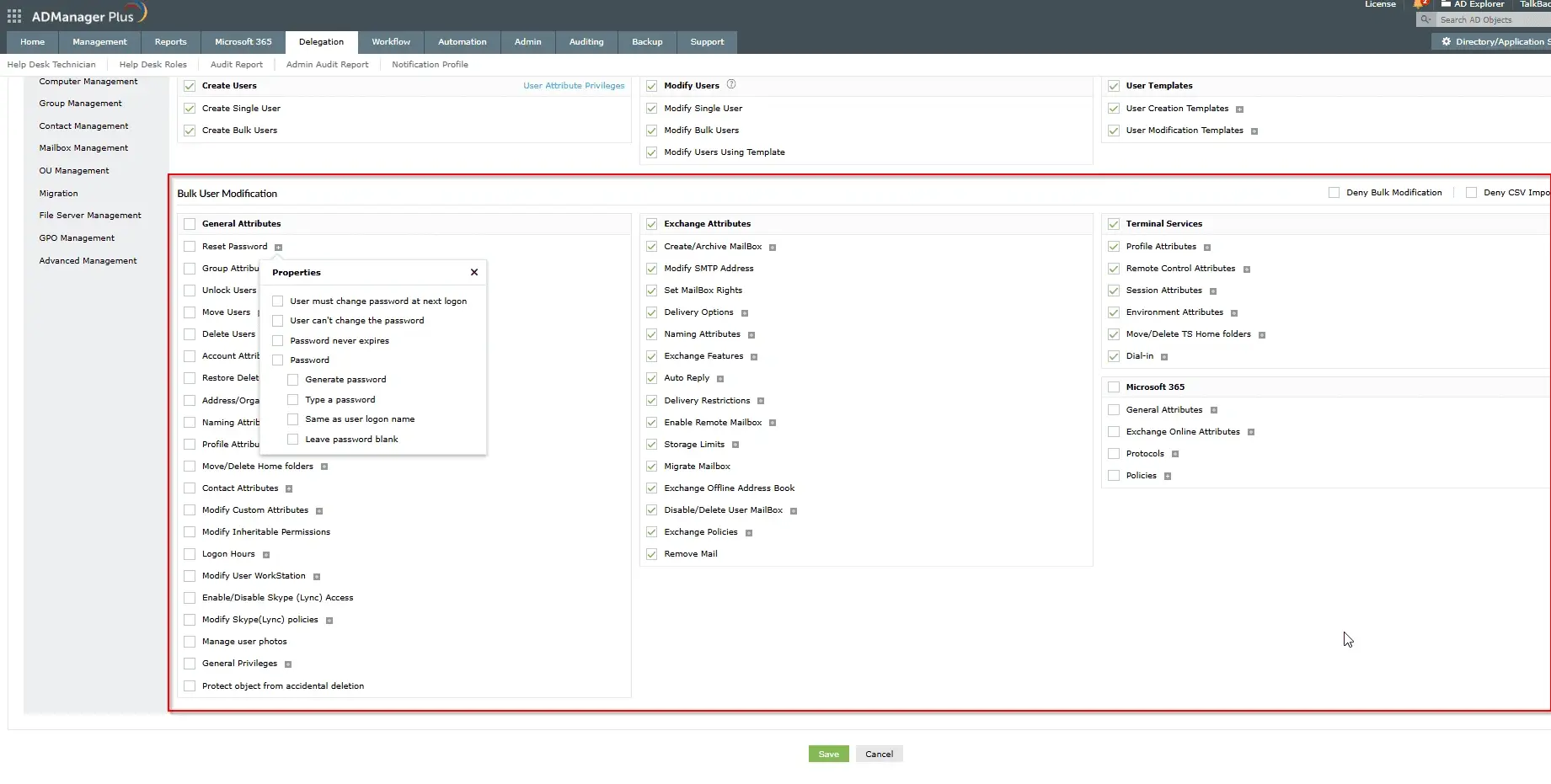 Configuring bulk user modification permissions in a Help Desk Role in ADManager Plus 