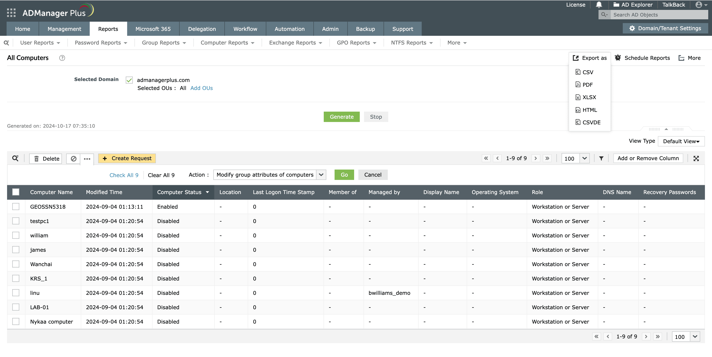 How to export All Computers report in ADManager Plus