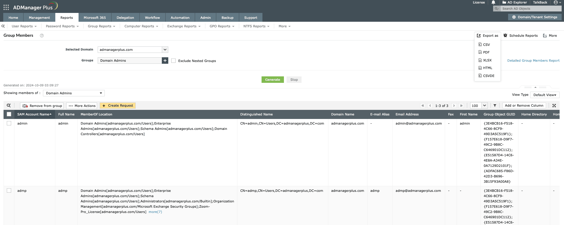 How to export group members report in ADManager Plus