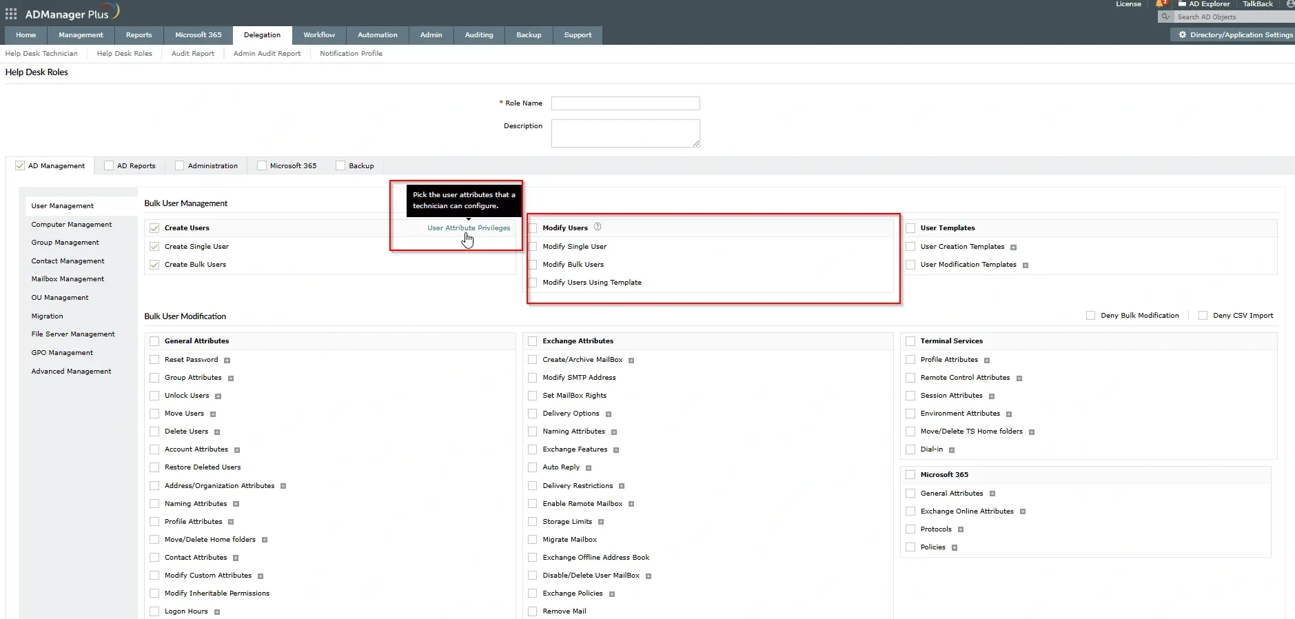 Configuring Help Desk Role permissions and user attribute privileges in ADManager Plus.