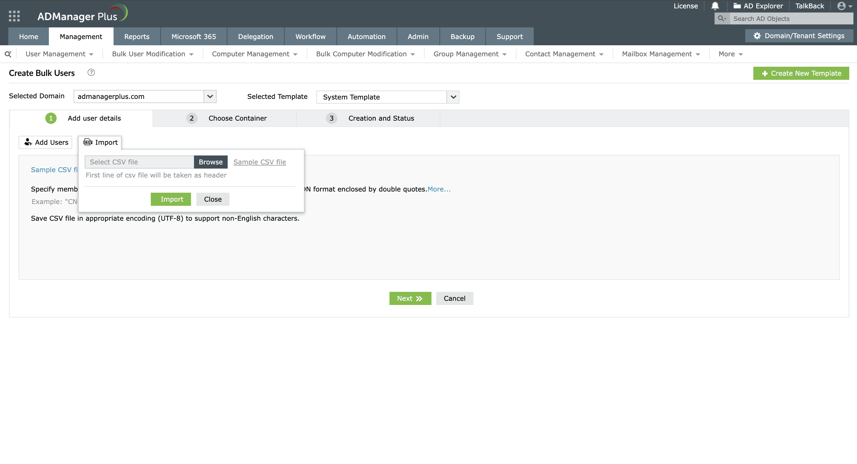 Importing user accounts into Active Directory from a CSV file using ADManager Plus