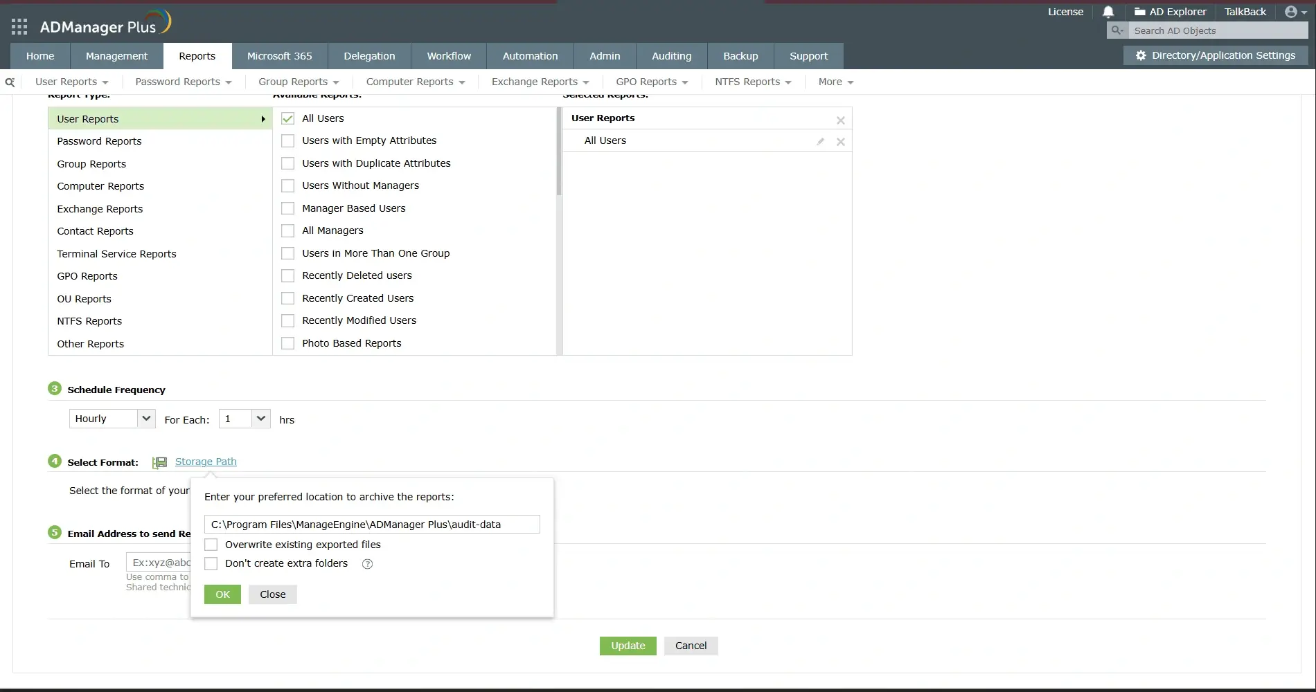 Configuring scheduled report export settings and storage path