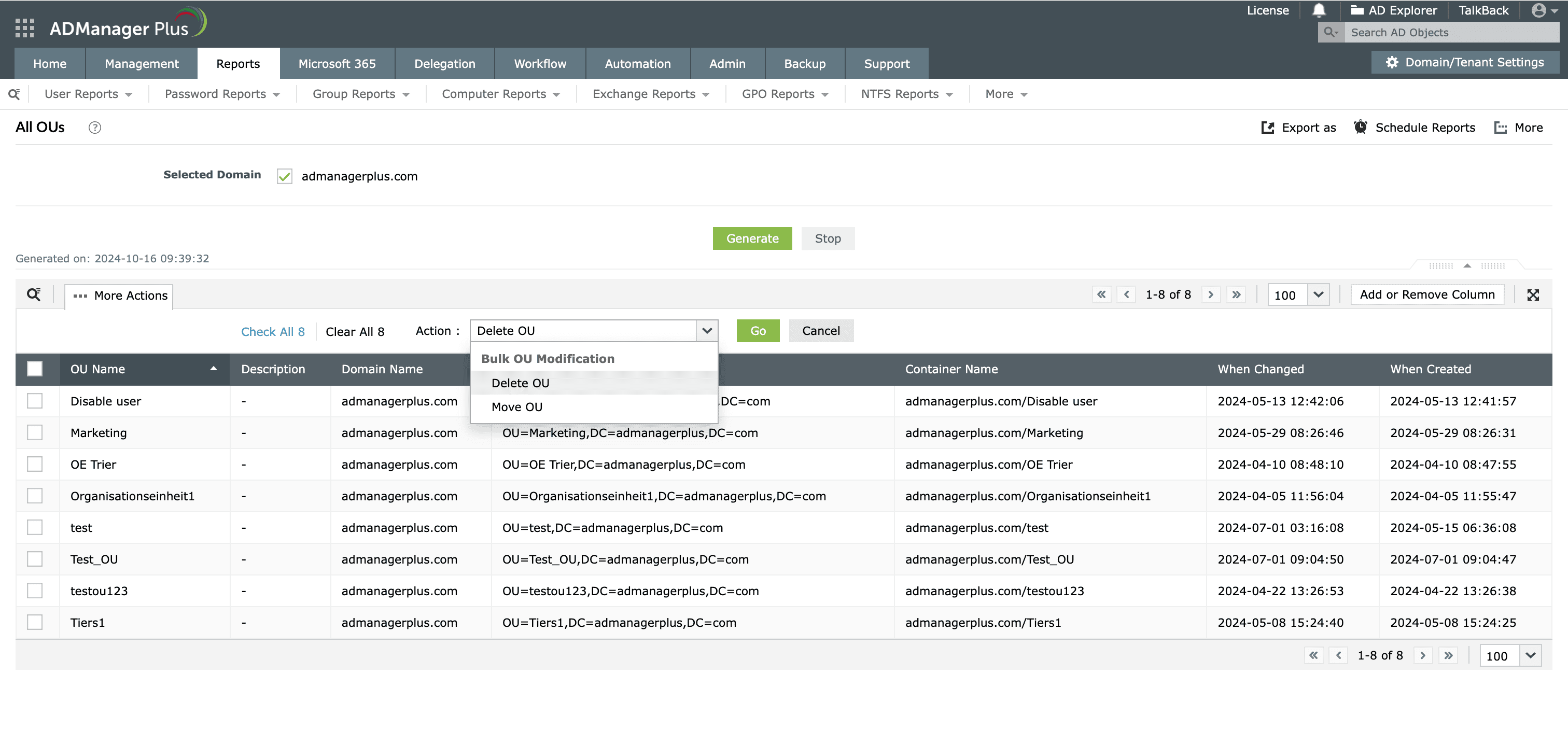 How to view All OUs report in ADManager Plus
