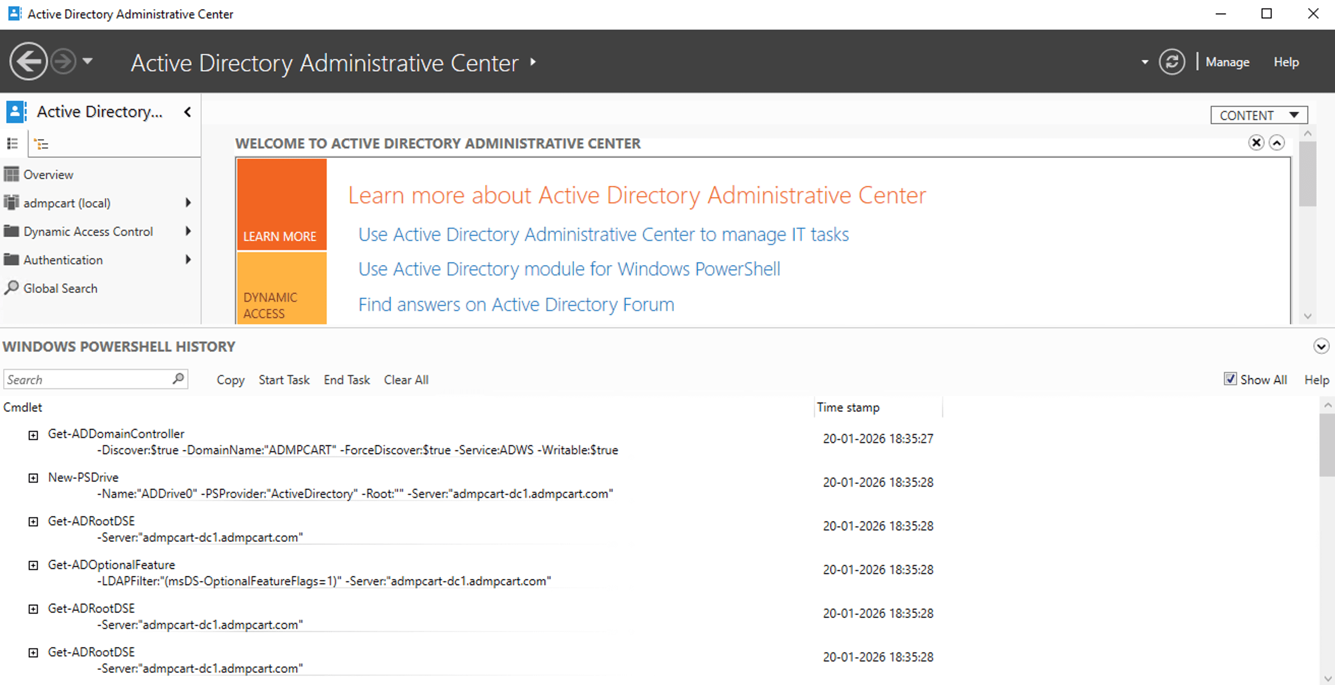 The Windows PowerShell History Viewer in Active Directory Administrative Center