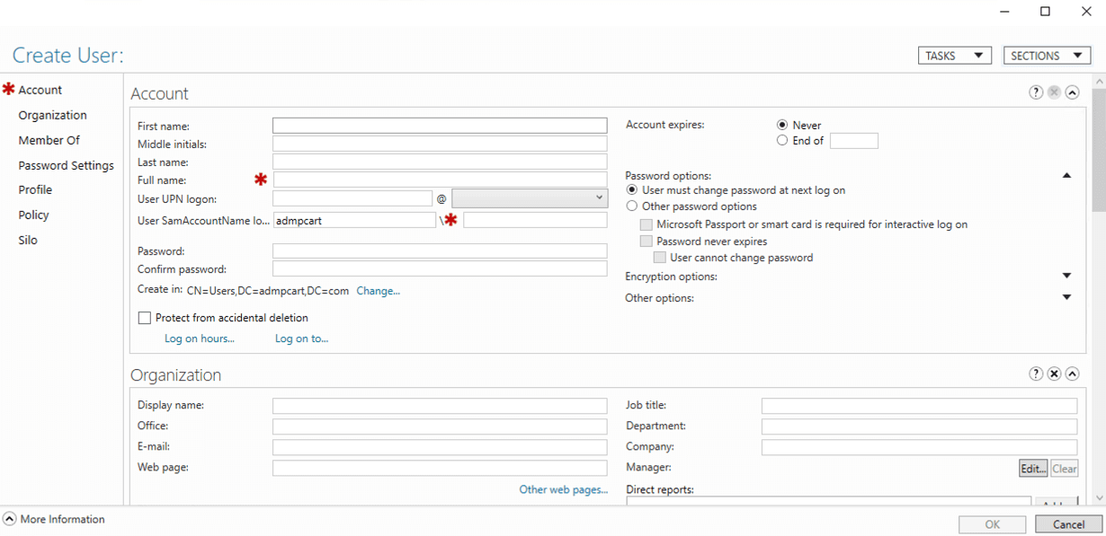 Creating a new user in Active Directory Administrative Center