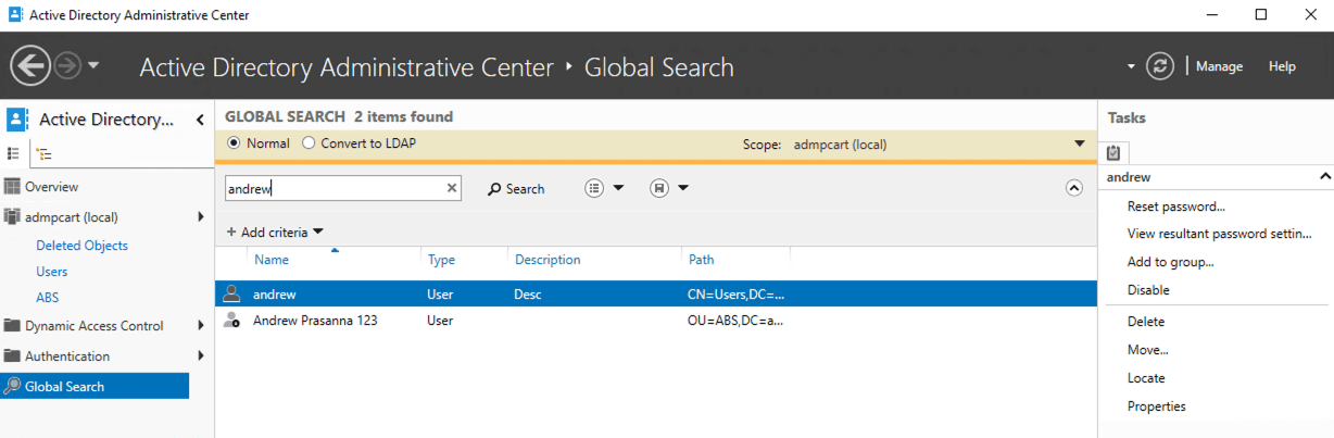 Using Global Search in Active Directory Administrative Center