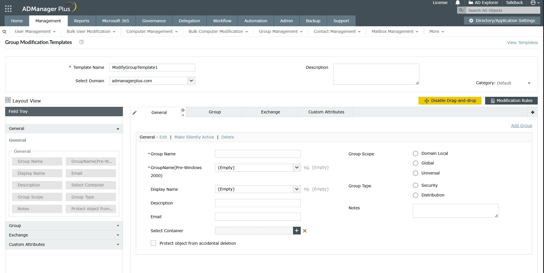 How to update AD groups using drag-n-drop customisation of modification template