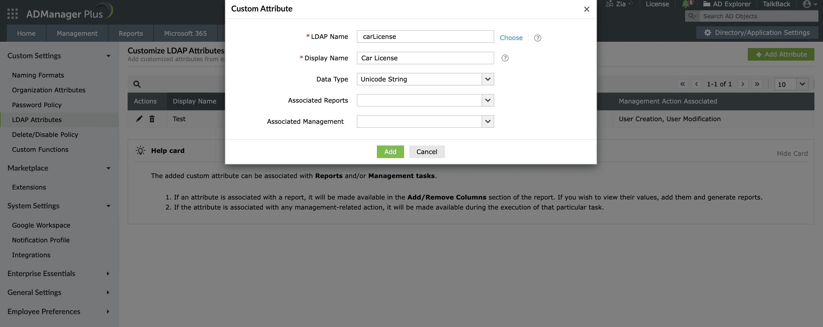 Adding carLicense as a custom attribute in ADManager Plus.