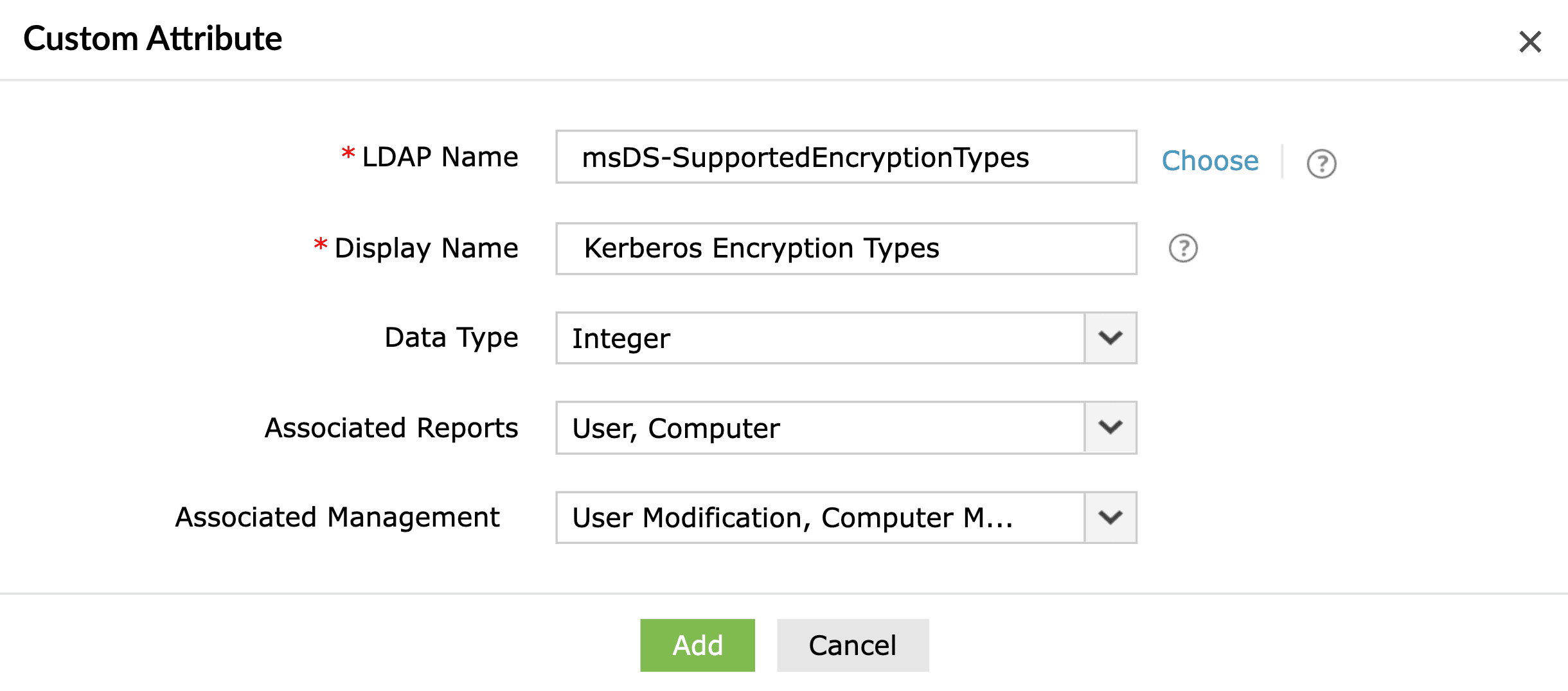 Adding msDS-SupportedEncryptionTypes as a custom attribute in ADManager Plus.
