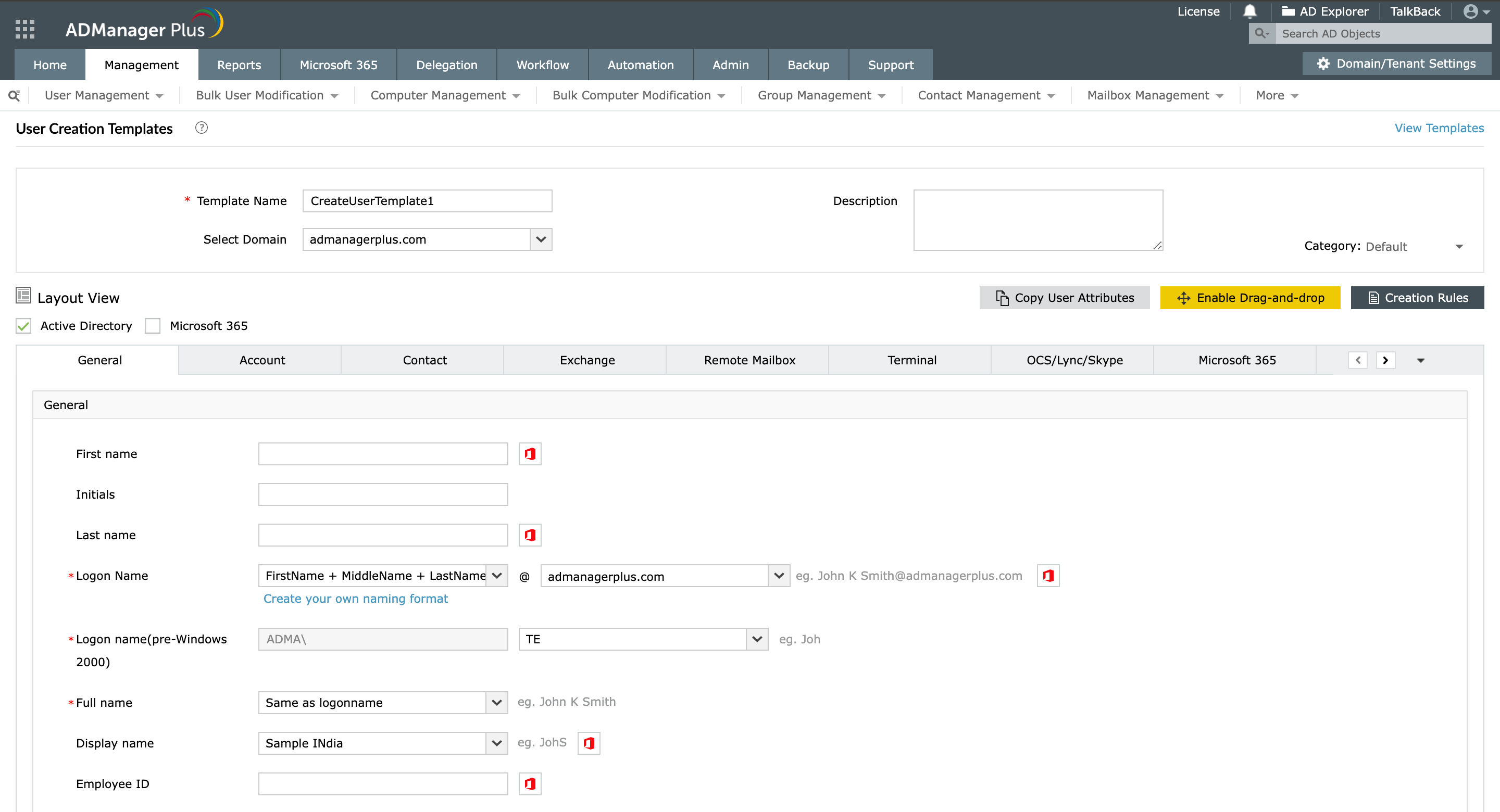 Creating user accounts in bulk using ADManager Plus' smart templates