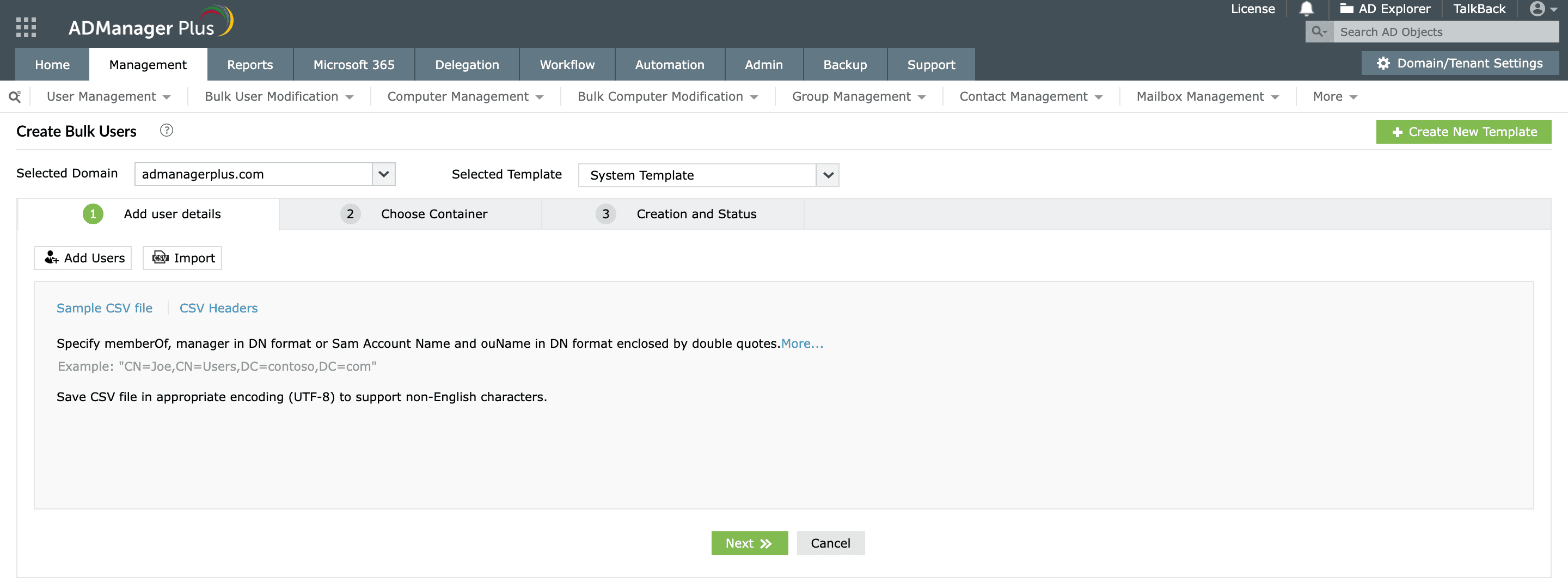 Creating user accounts in bulk using CSV files in ADManager Plus
